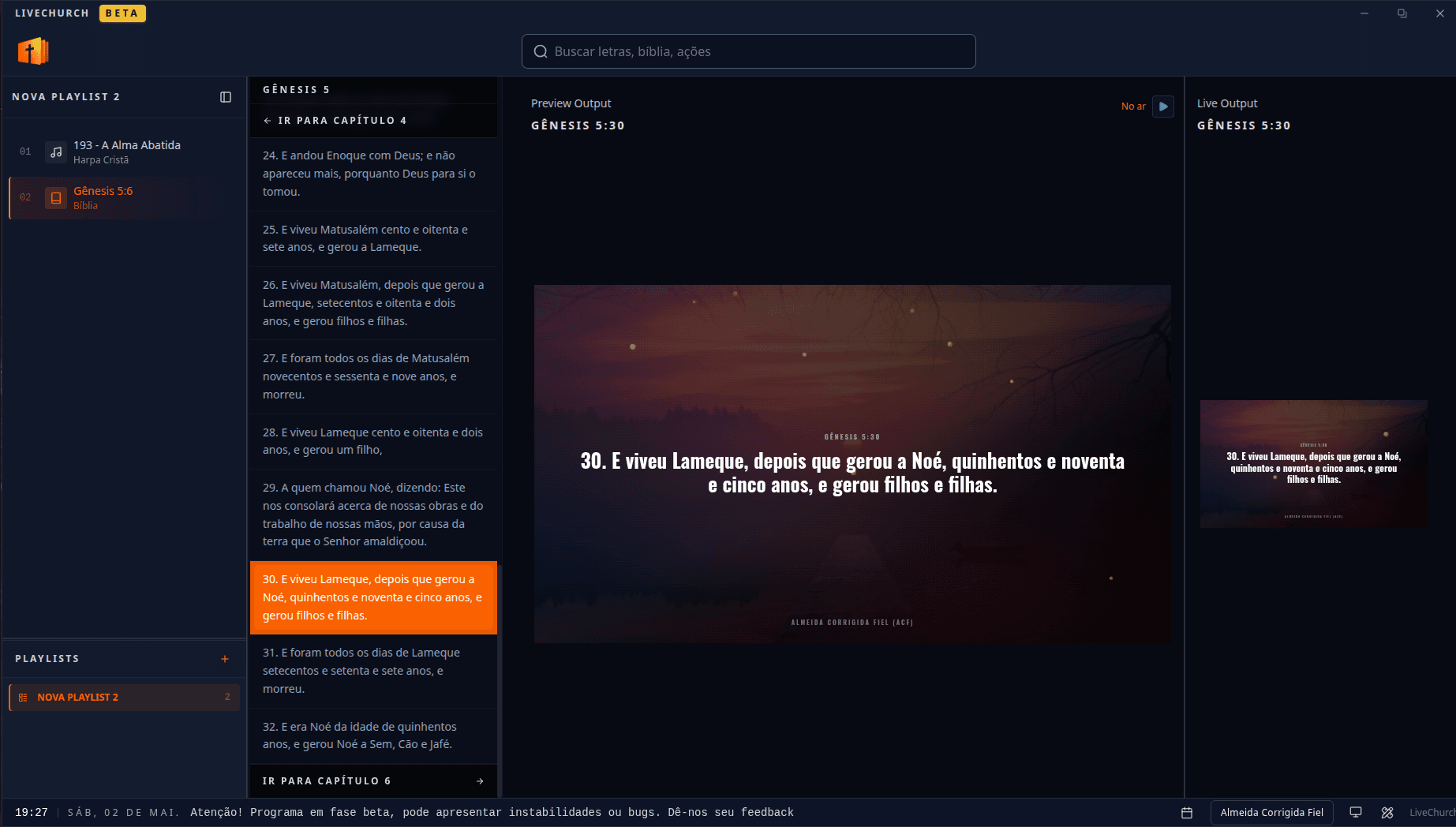 Preview da interface do LiveChurch